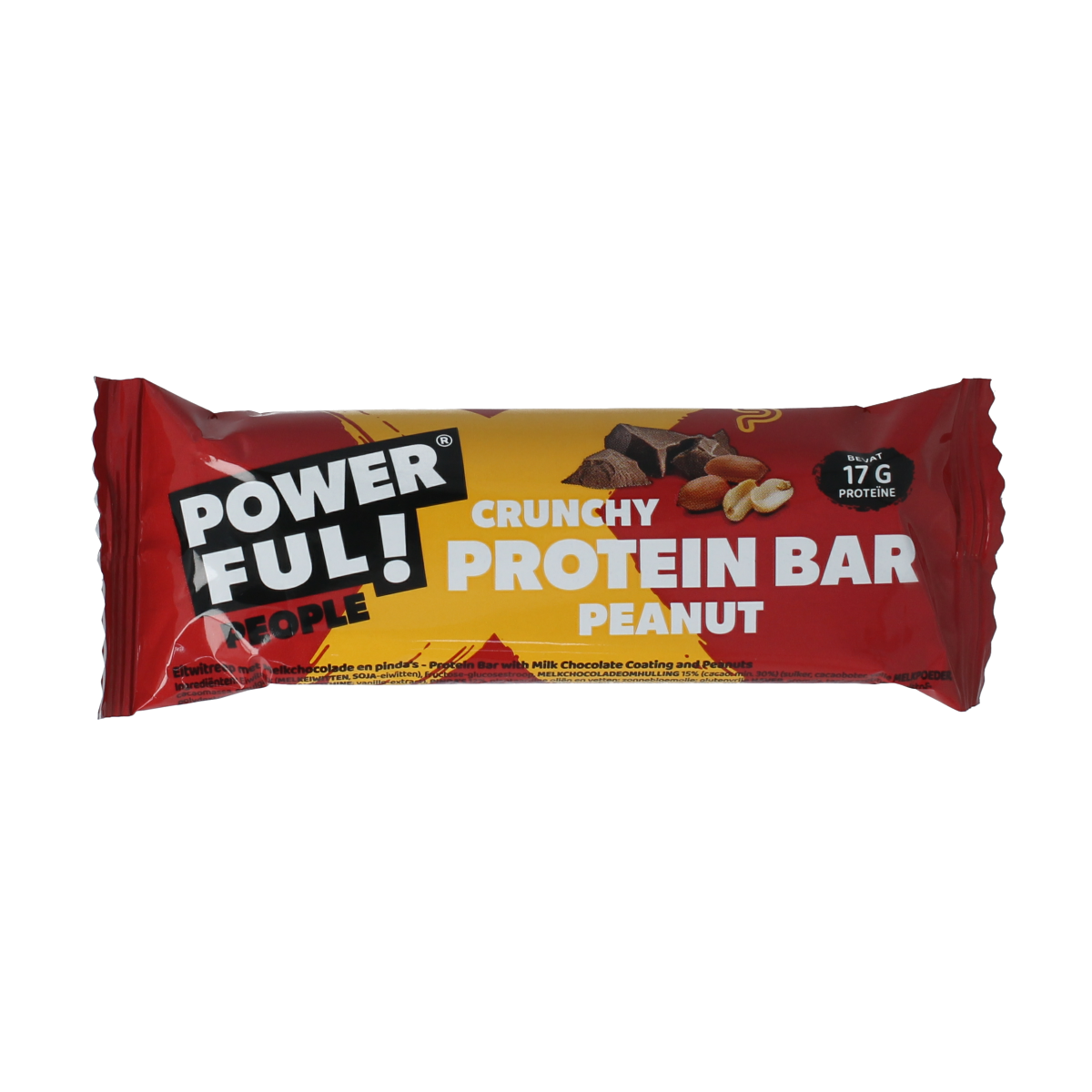 Powerful People peanut protein bar, sportvoeding, 55g, close-up of the chocolate-coated snack with branding and nutritional info.
