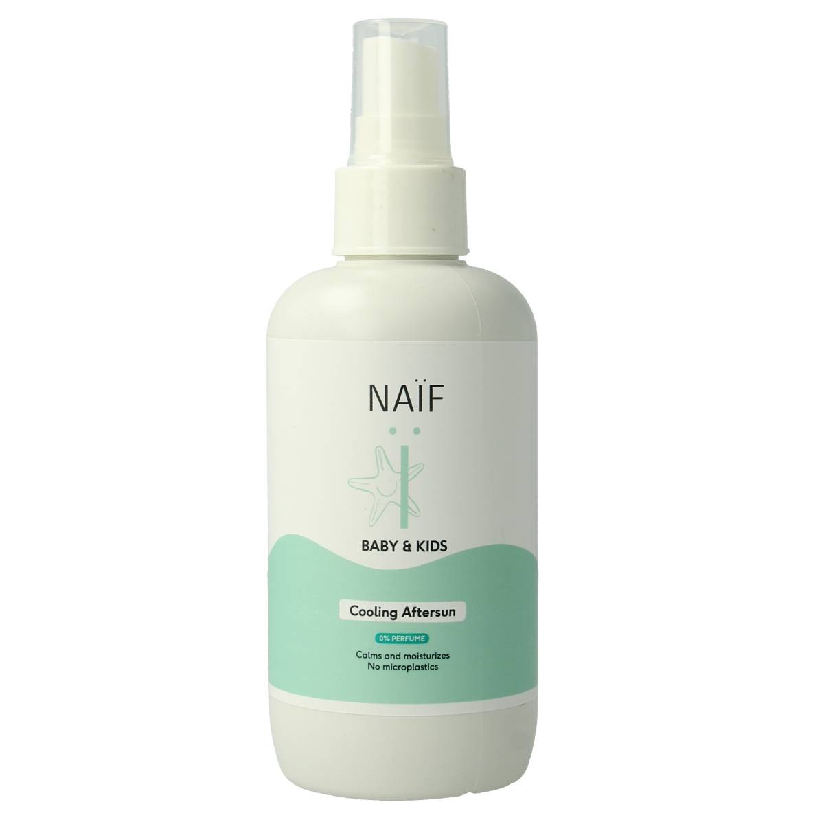 Naif Zon baby and kids aftersun lotion in a 175ml bottle, fragrance-free, with a white pump dispenser and blue accents.