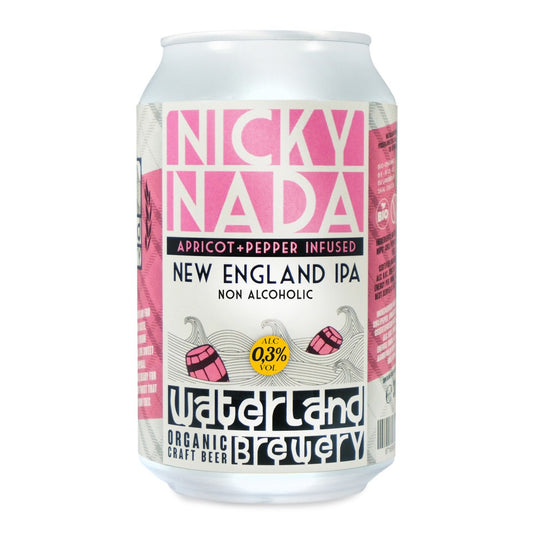 Waterland Brewery NEIPA Nicky Nada bio beer in 330ml bottle, showcasing the label and golden color of the craft beverage.