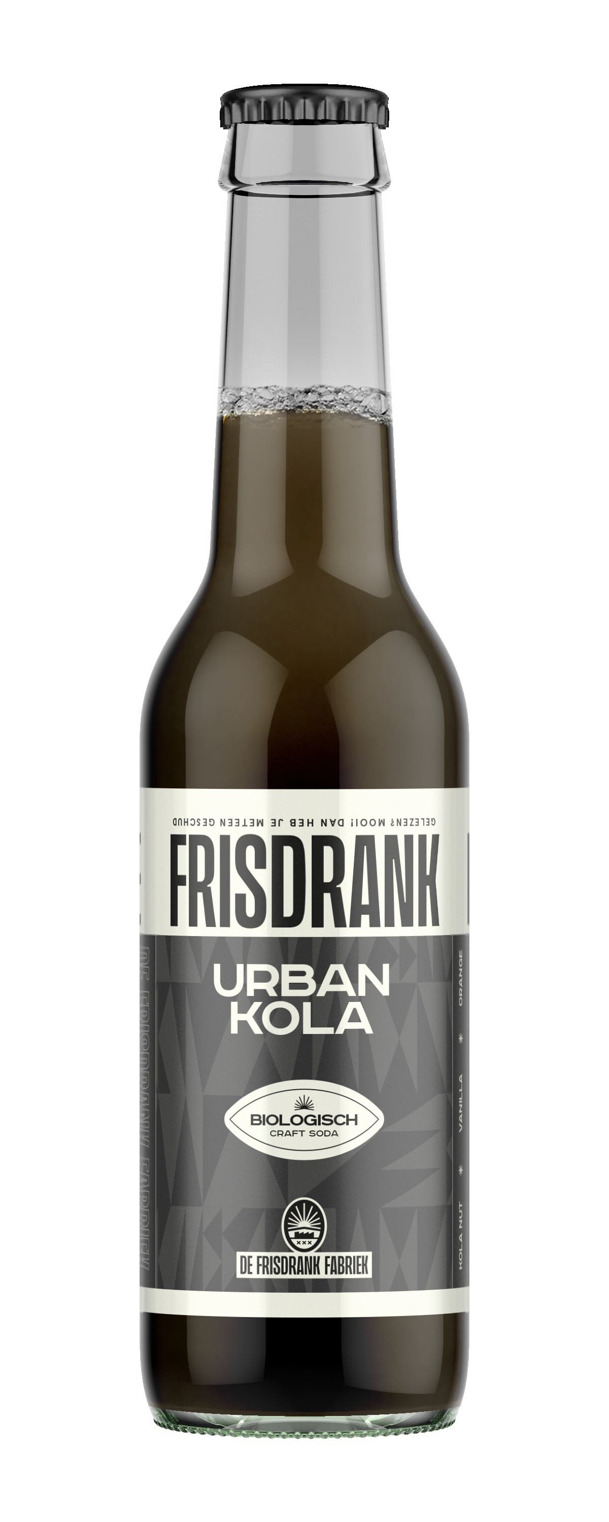 De Frisdrank Fabriek Urban Kola bio, 275ml, carbonated soft drink in a clear bottle with a colorful label.