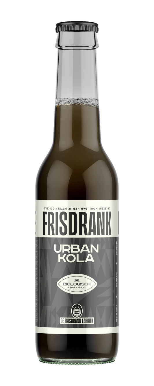 De Frisdrank Fabriek Urban Kola bio, 275ml, carbonated soft drink in a clear bottle with a colorful label.