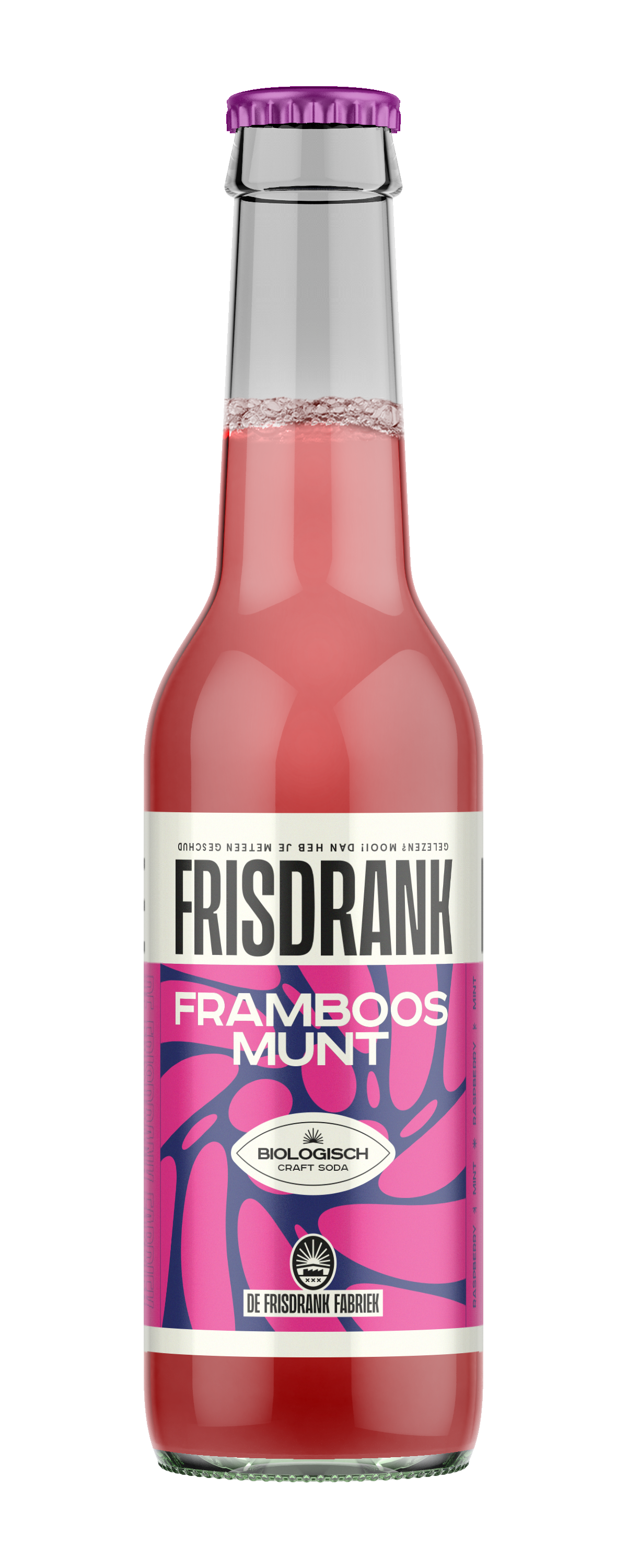 De Frisdrank Fabriek bio raspberry mint sparkling drink in 275ml bottle, showing the colorful label and carbonated beverage inside