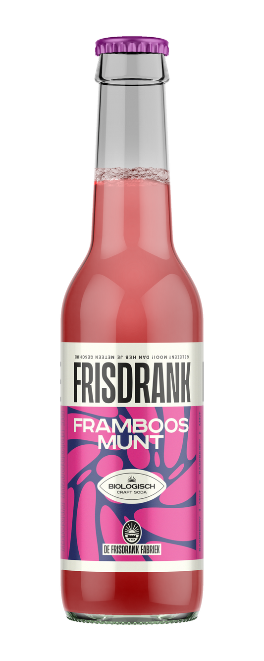 De Frisdrank Fabriek bio raspberry mint sparkling drink in 275ml bottle, showing the colorful label and carbonated beverage inside
