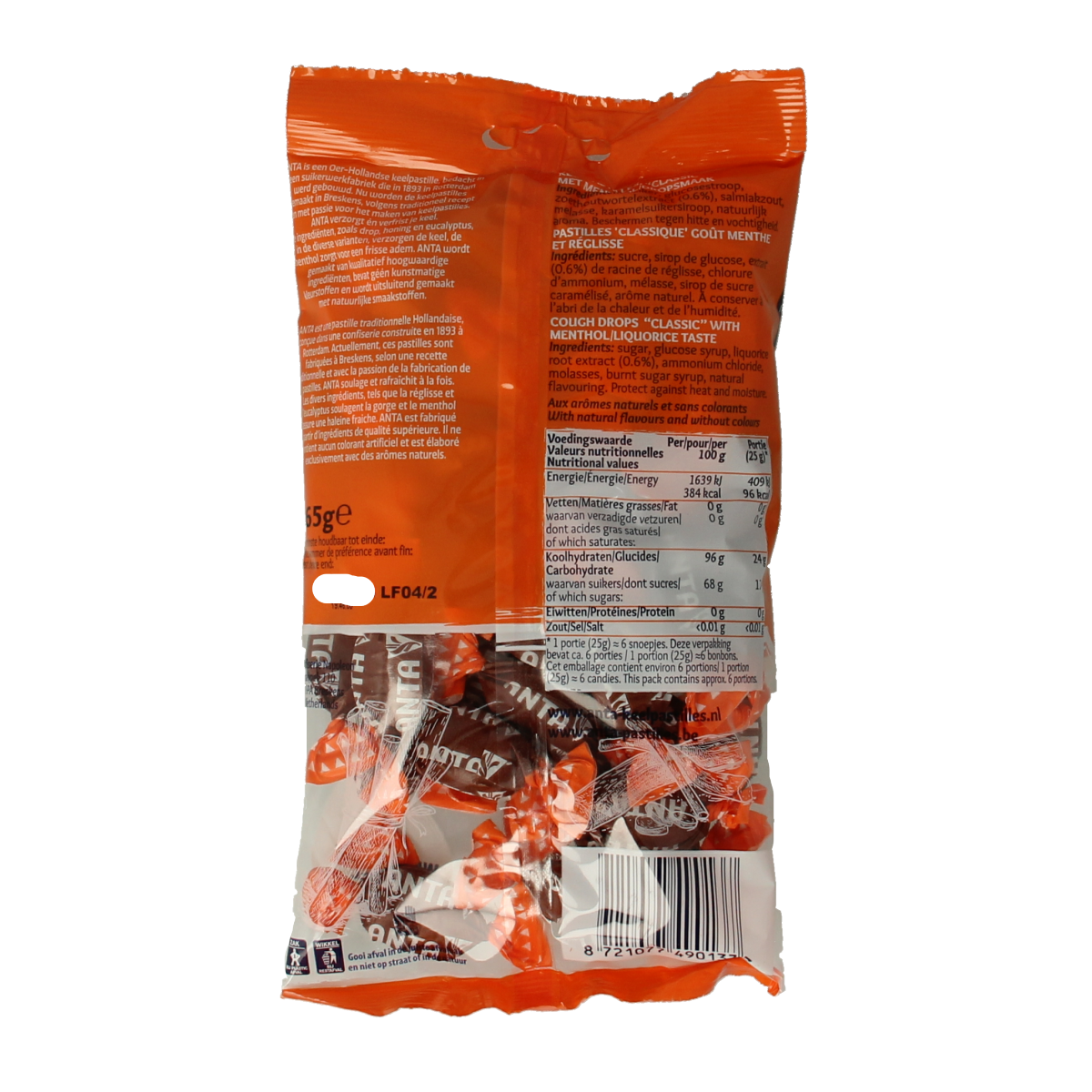 Anta Classic menthol snoepgoed in 165g package, featuring mint-flavored candies with colorful wrappers and branding.