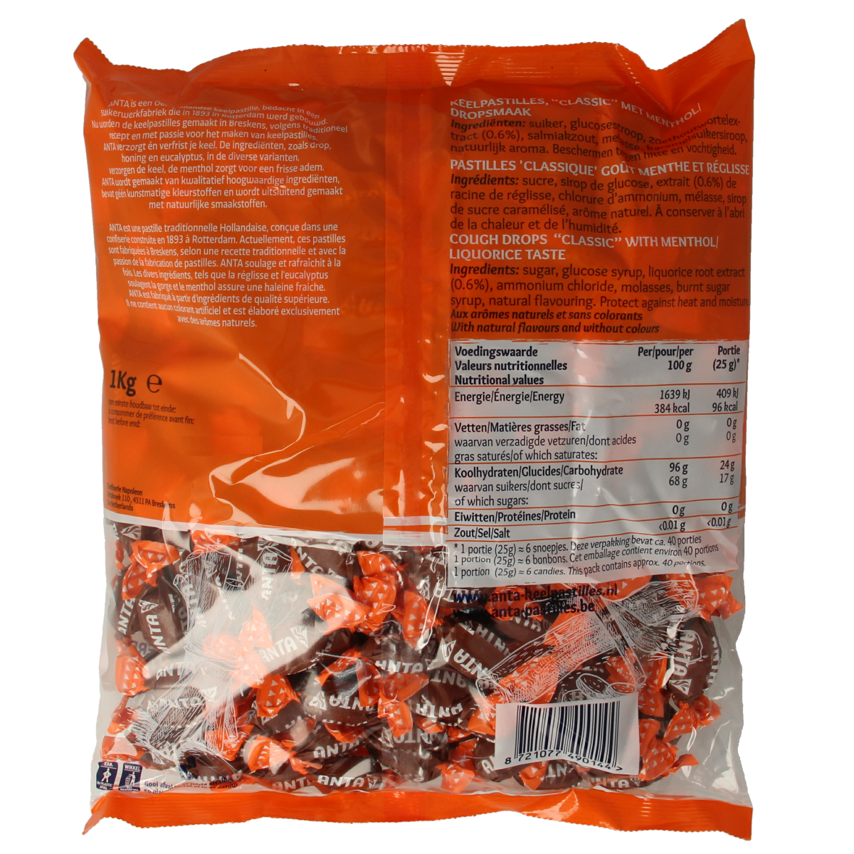 Anta Classic Menthol Snoepgoed in 1000g bag, featuring mint-flavored candies with a refreshing menthol taste.