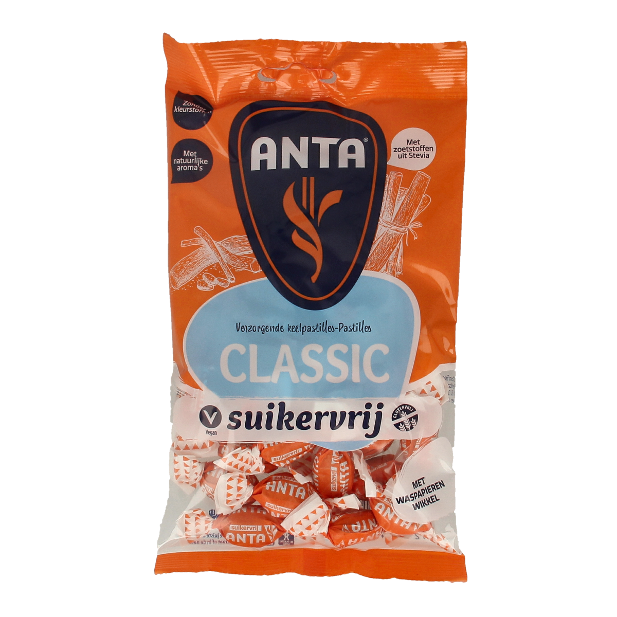 Anta Classic sugar-free candies with stevia, 120 grams, showing colorful wrapped sweets in a clear package.