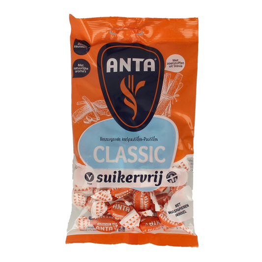 Anta Classic sugar-free candies with stevia, 120 grams, showing colorful wrapped sweets in a clear package.