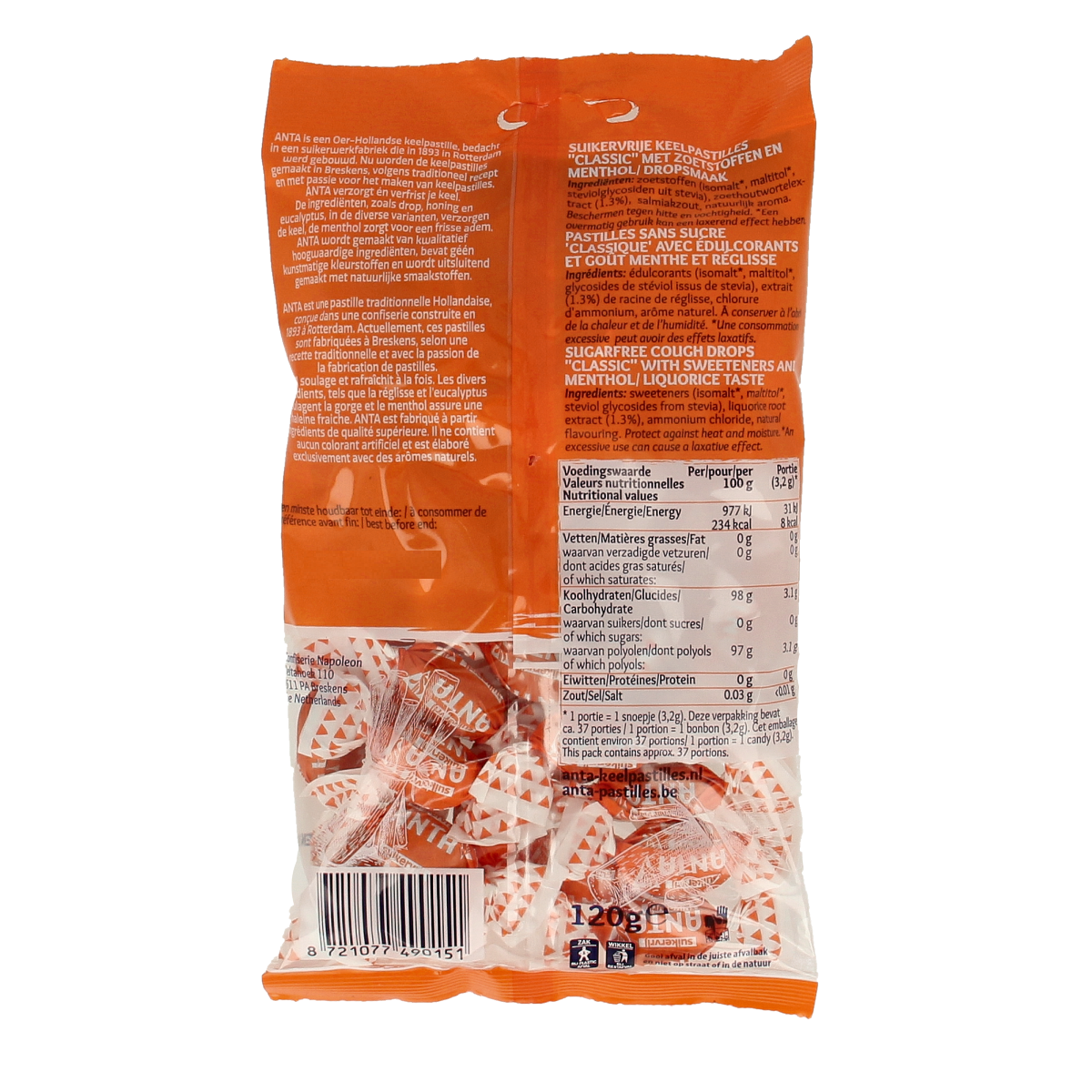 Anta Classic sugar-free candies with stevia in a 120g package, showing colorful candies in a clear wrapper.