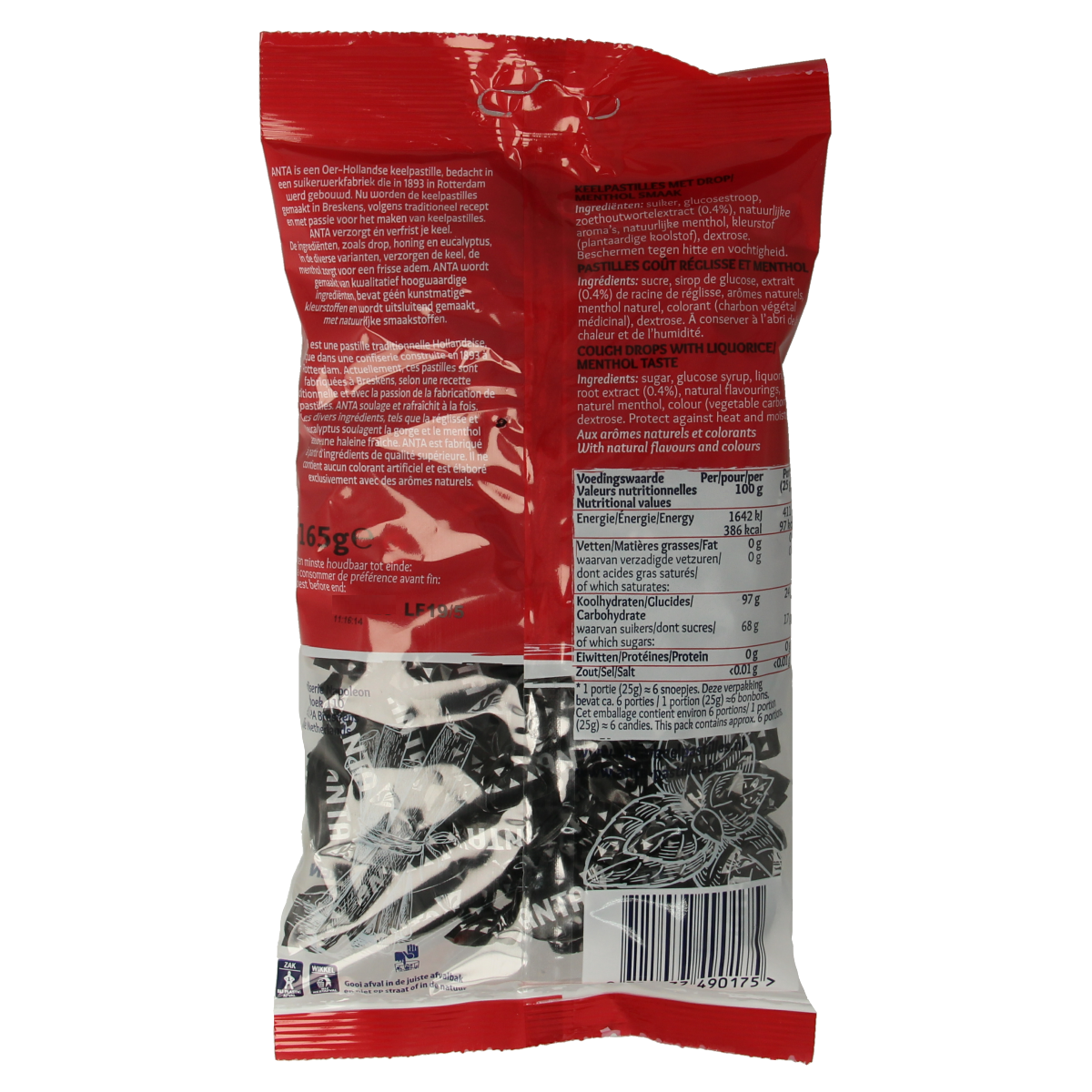Anta Dropmint menthol snoepgoed in 165g package with colorful mint candies and bright packaging.