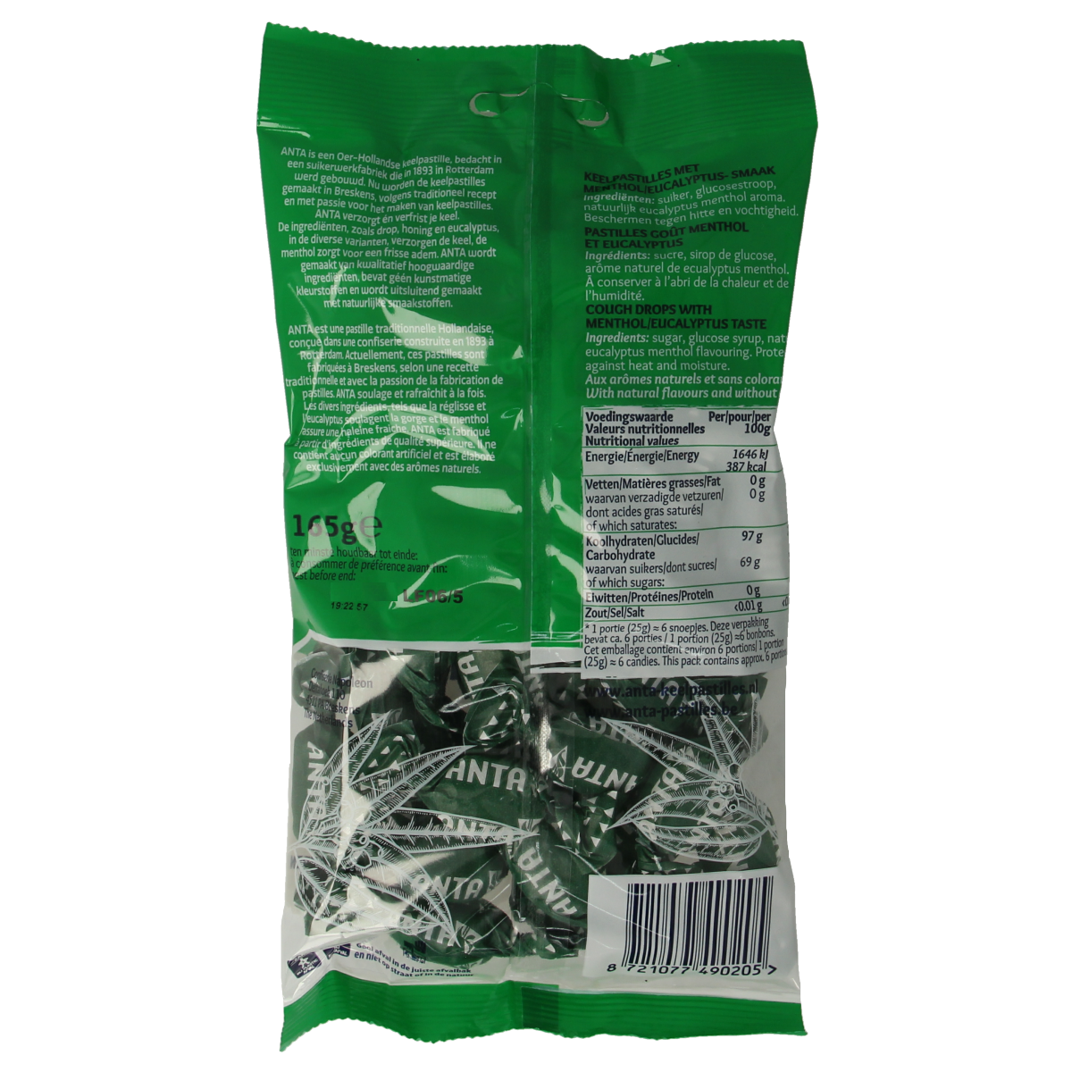 Anta Eucalyptus Menthol snoepgoed in 165g package, featuring eucalyptus and menthol flavored candies from the Anta brand.