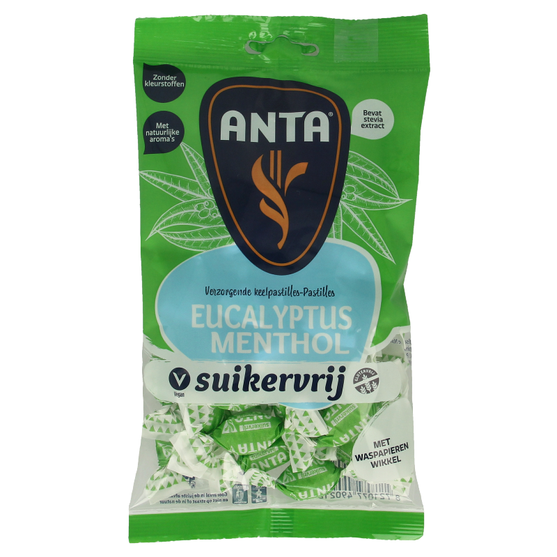 Anta Eucalyptus sugar-free candies with stevia, 120 grams, showing the colorful packaging and candies inside.