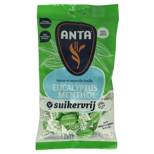 Anta Eucalyptus sugar-free candies with stevia, 120 grams, showing the colorful packaging and candies inside.