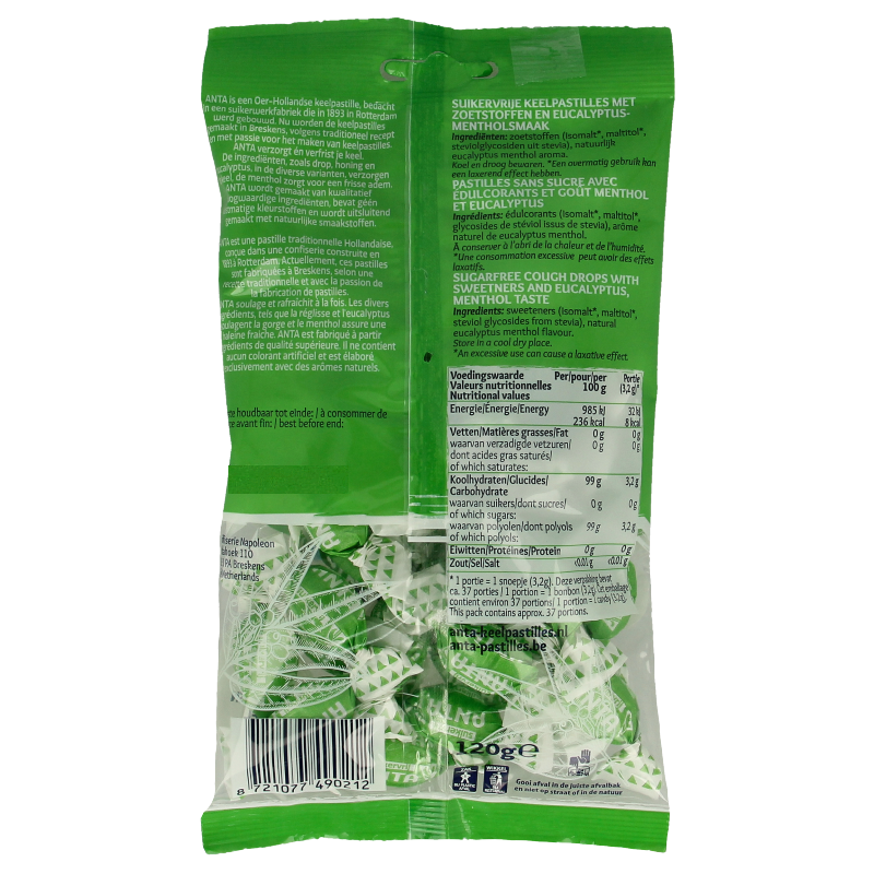 Anta Eucalyptus sugar-free candy with stevia in a 120g package, featuring eucalyptus flavor and clear packaging.