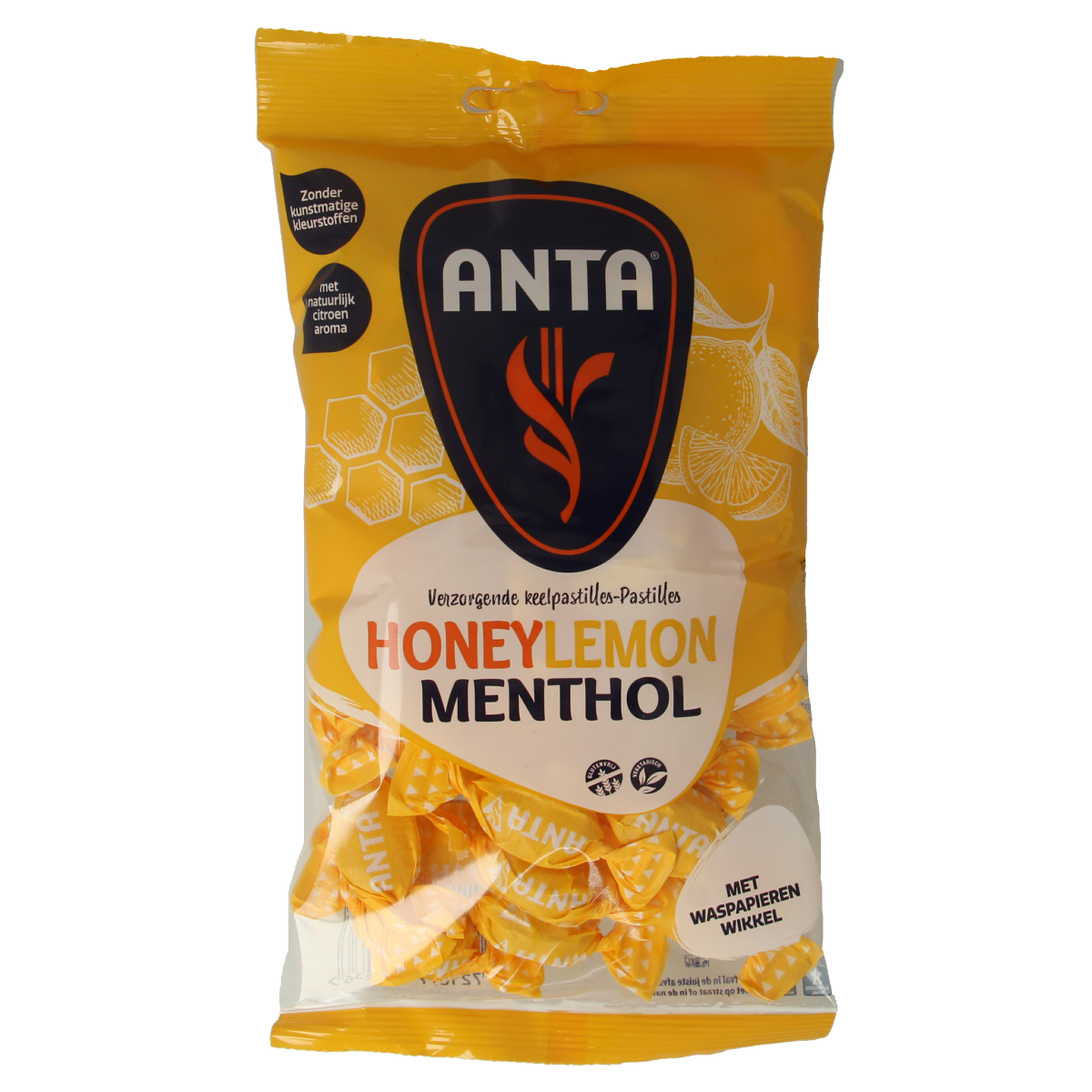 Anta Honey Lemon Menthol snoepgoed in 165g package, featuring lemon and honey flavors with menthol, by Anta.