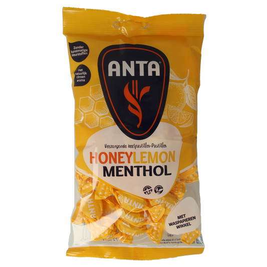 Anta Honey Lemon Menthol snoepgoed in 165g package, featuring lemon and honey flavors with menthol, by Anta.