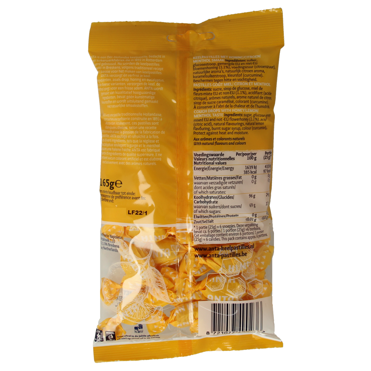 Anta Honey Lemon Menthol Snoepgoed in 165g package, featuring lemon and menthol flavored candies with honey accents.