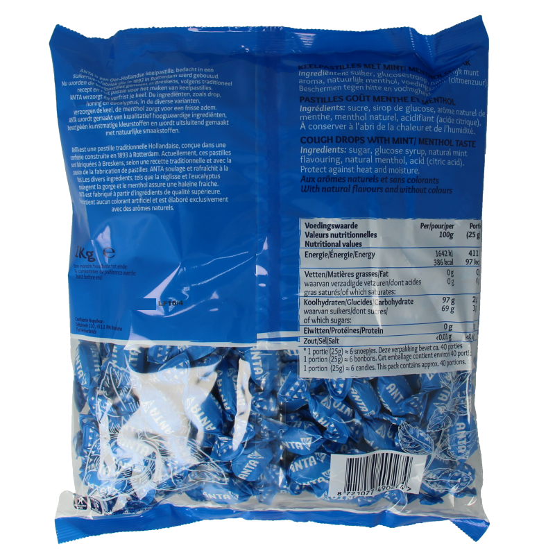 Anta Mint Menthol Snoepgoed 1000 Gram, fresh mint-flavored candies in a clear package, featuring the Anta brand logo.