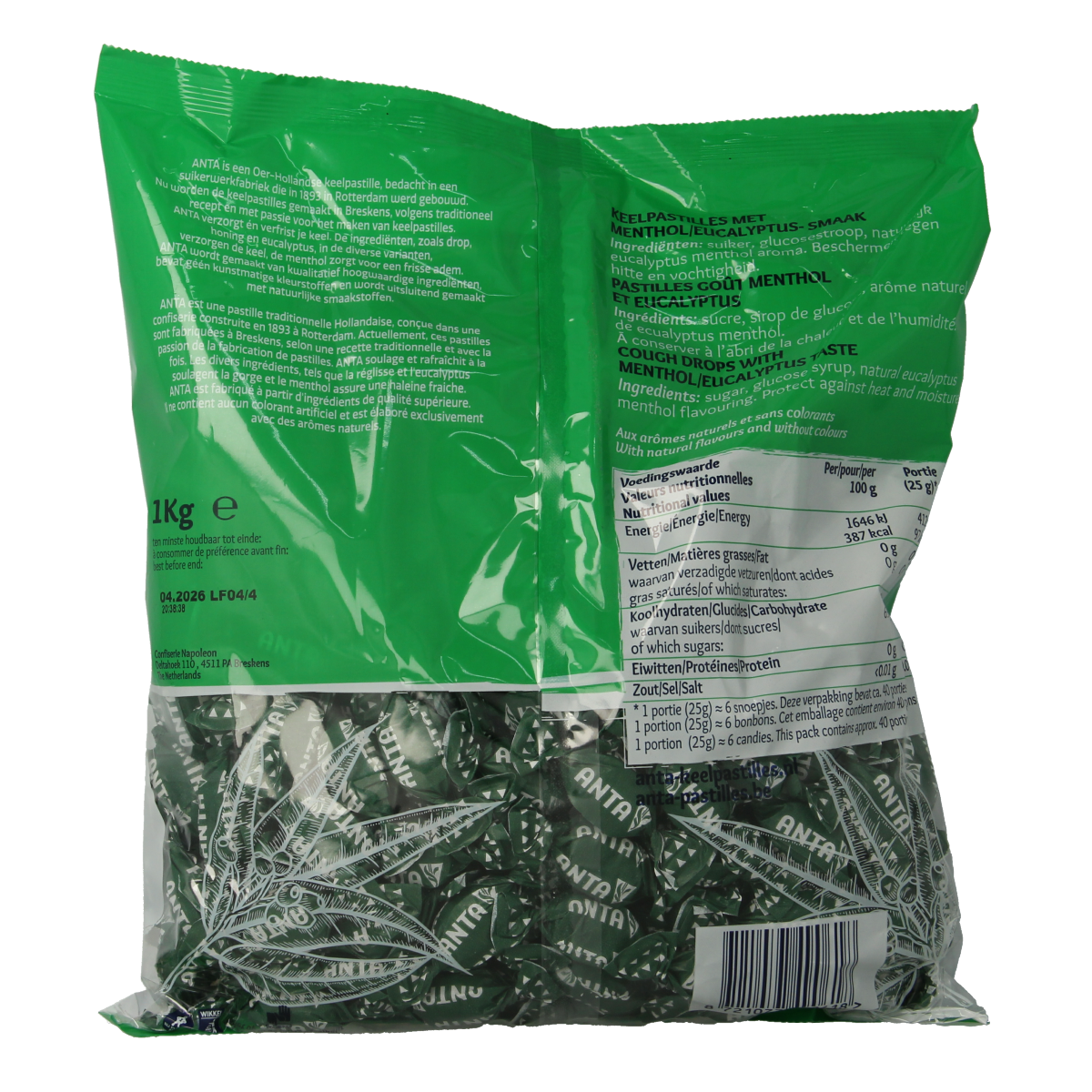 Anta Eucalyptus Menthol Snoepgoed in a 1000g package, featuring eucalyptus and menthol candies with colorful wrapping.