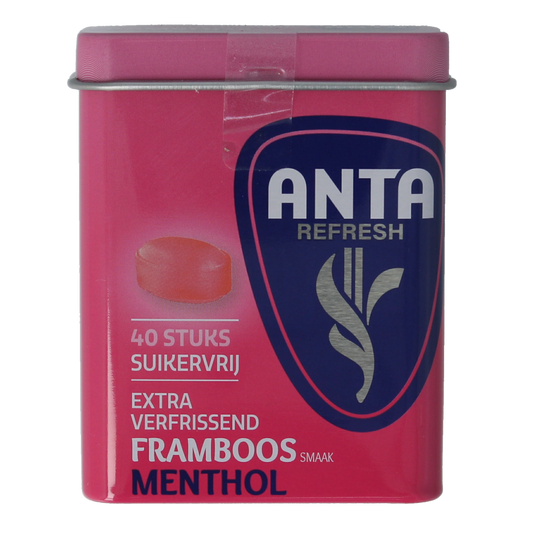 Anta Refresh Framboos snoepgoed in 72g pack, raspberry-flavored candies with vibrant red color and glossy finish.