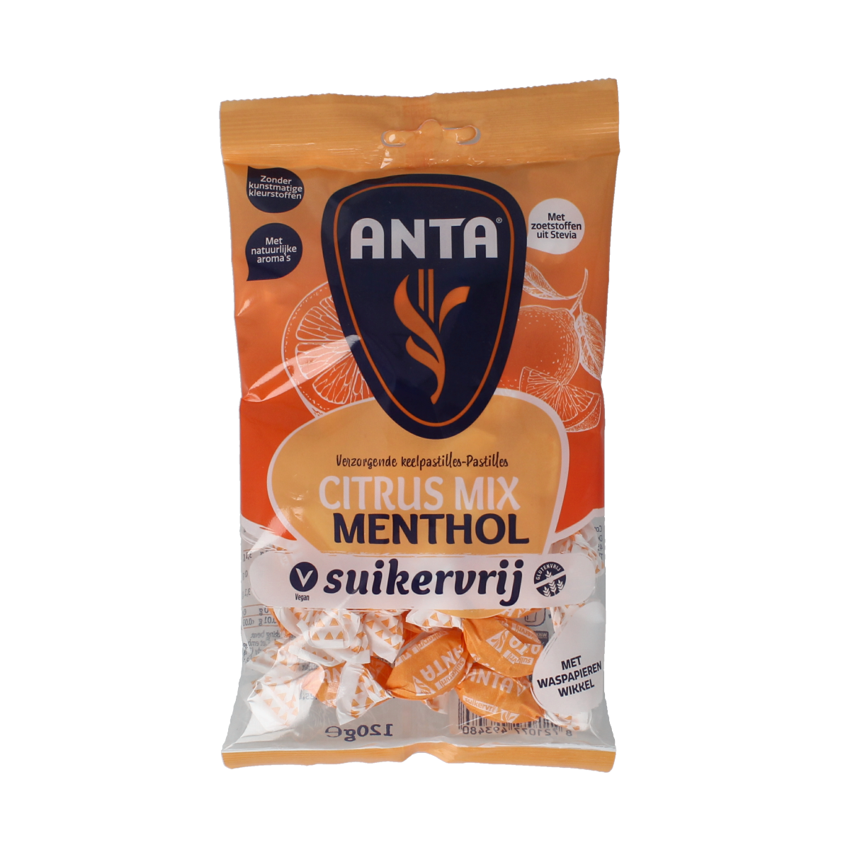 Anta Citrusmix menthol sugar-free candy in a 120g package, colorful citrus-flavored sweets with menthol.