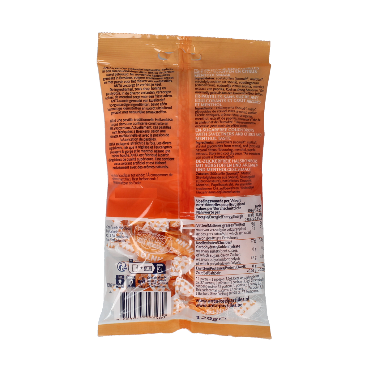 Anta Citrusmix menthol sugar-free candies in 120g package, featuring colorful citrus-flavored sweets by Anta.