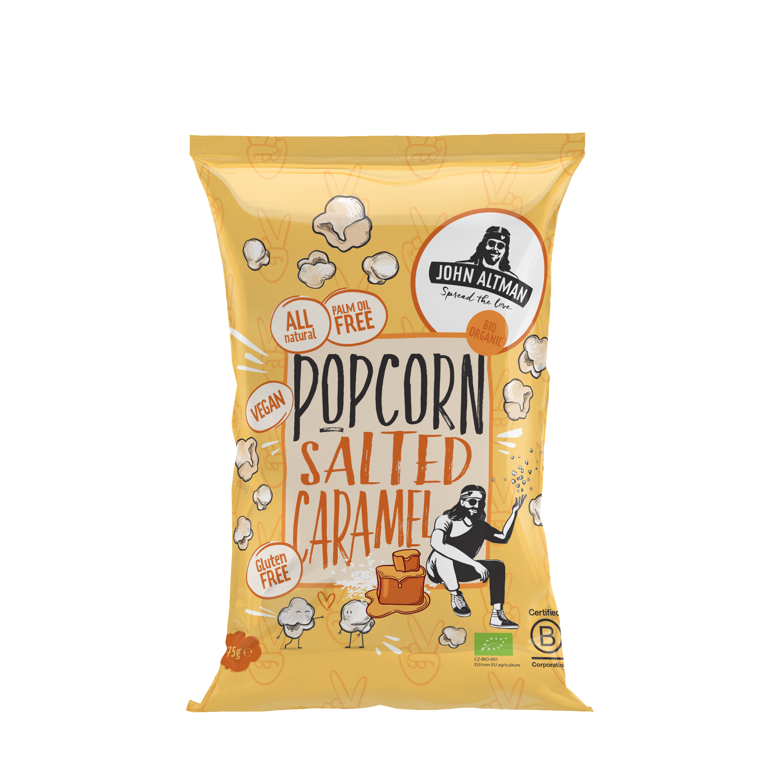 John Altman salted caramel bio popcorn snack in 75g bag, showing golden caramel-coated popcorn pieces.
