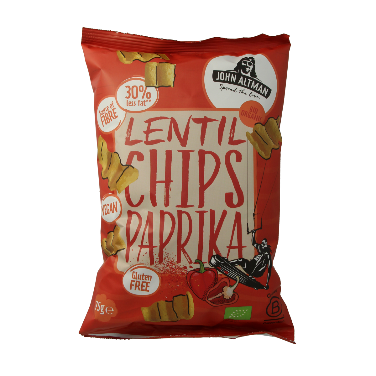 John Altman bio paprika flavored Linzen chips in 75g bag, crunchy snack with spicy paprika seasoning.