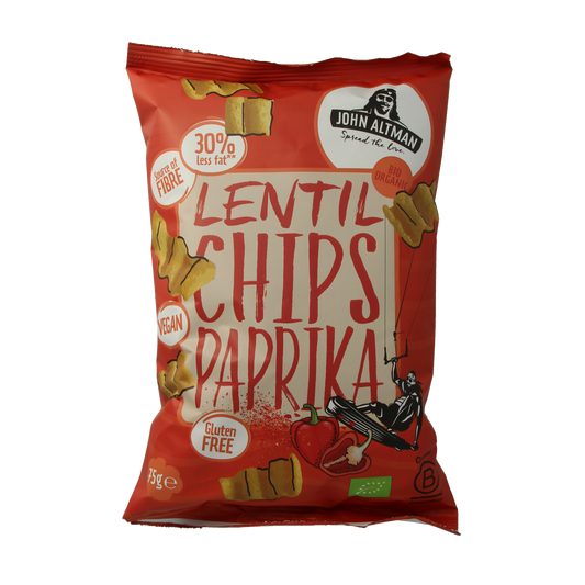 John Altman bio paprika flavored Linzen chips in 75g bag, crunchy snack with spicy paprika seasoning.