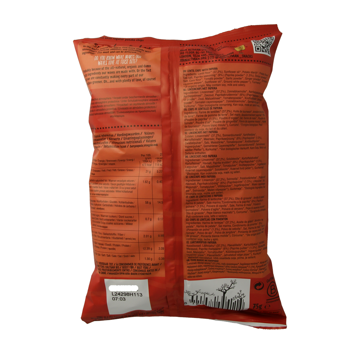 John Altman organic paprika flavored Linzen chips in 75g packet, salted legume snack with vibrant paprika seasoning.