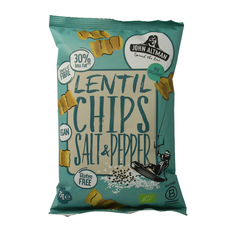 John Altman Linzen chips with salt and pepper in 75g bio packaging, crispy snack with seasoned lentil chips and salt and pepper flavor.