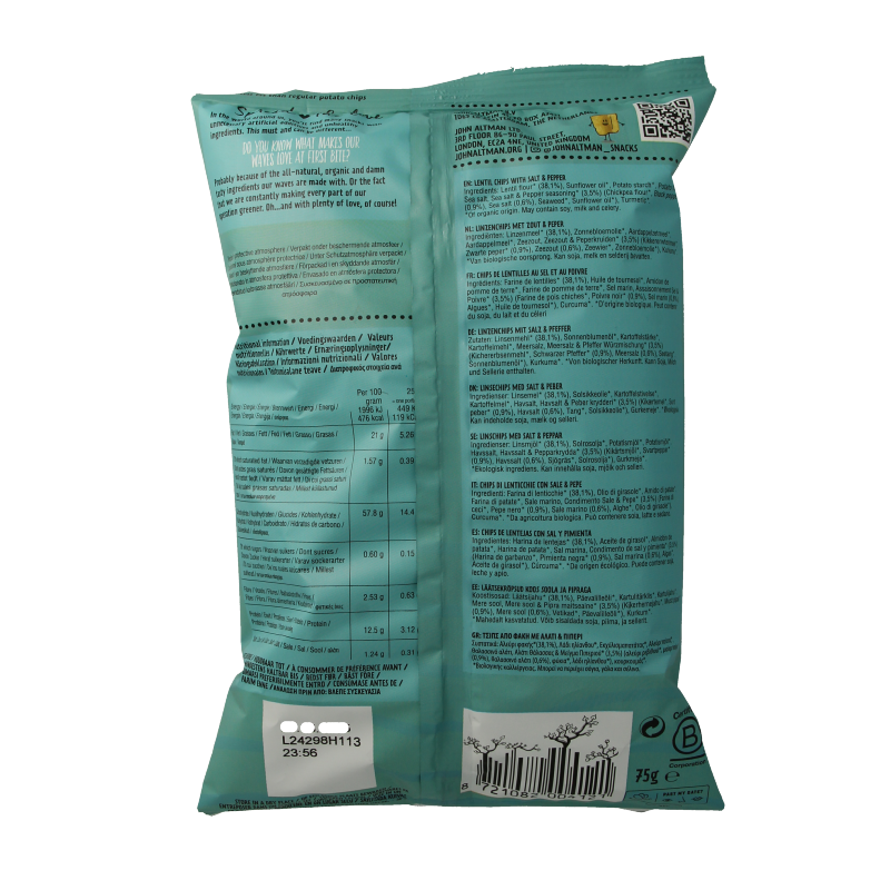 John Altman Linzen chips salt and pepper bio, 75g, showing crunchy lentil chips with salt and pepper seasoning.