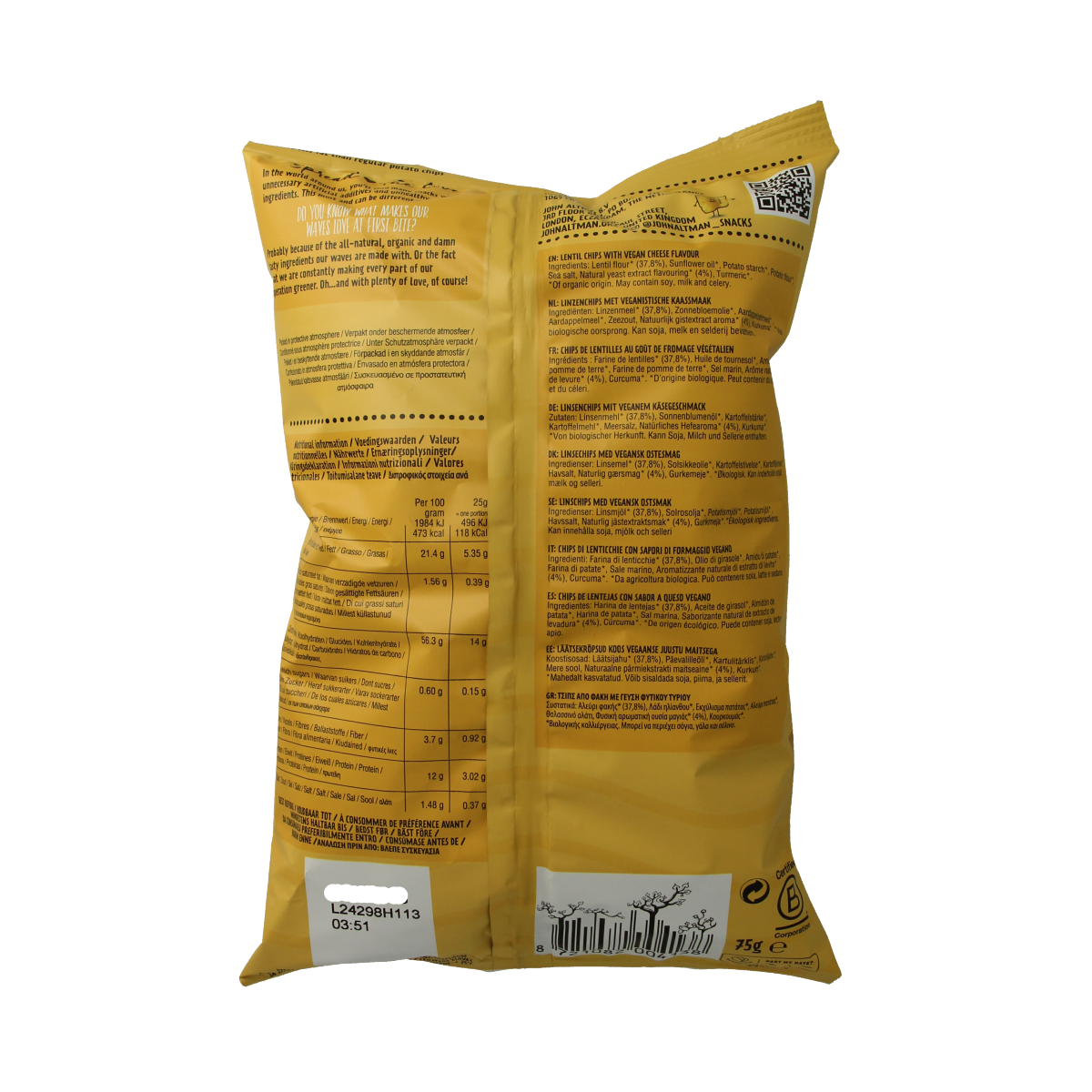 John Altman vegan cheese flavored Linzen chips with salt, 75g package, crispy and savory snack in bright packaging
