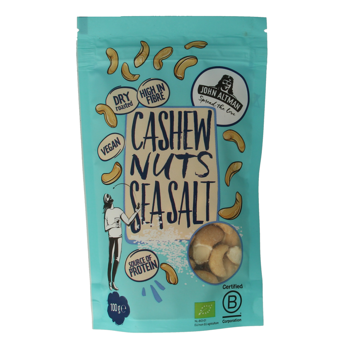 Raw John Altman dry roasted cashew nuts with sea salt in a 100g bio package, showcasing golden cashews and sea salt seasoning.