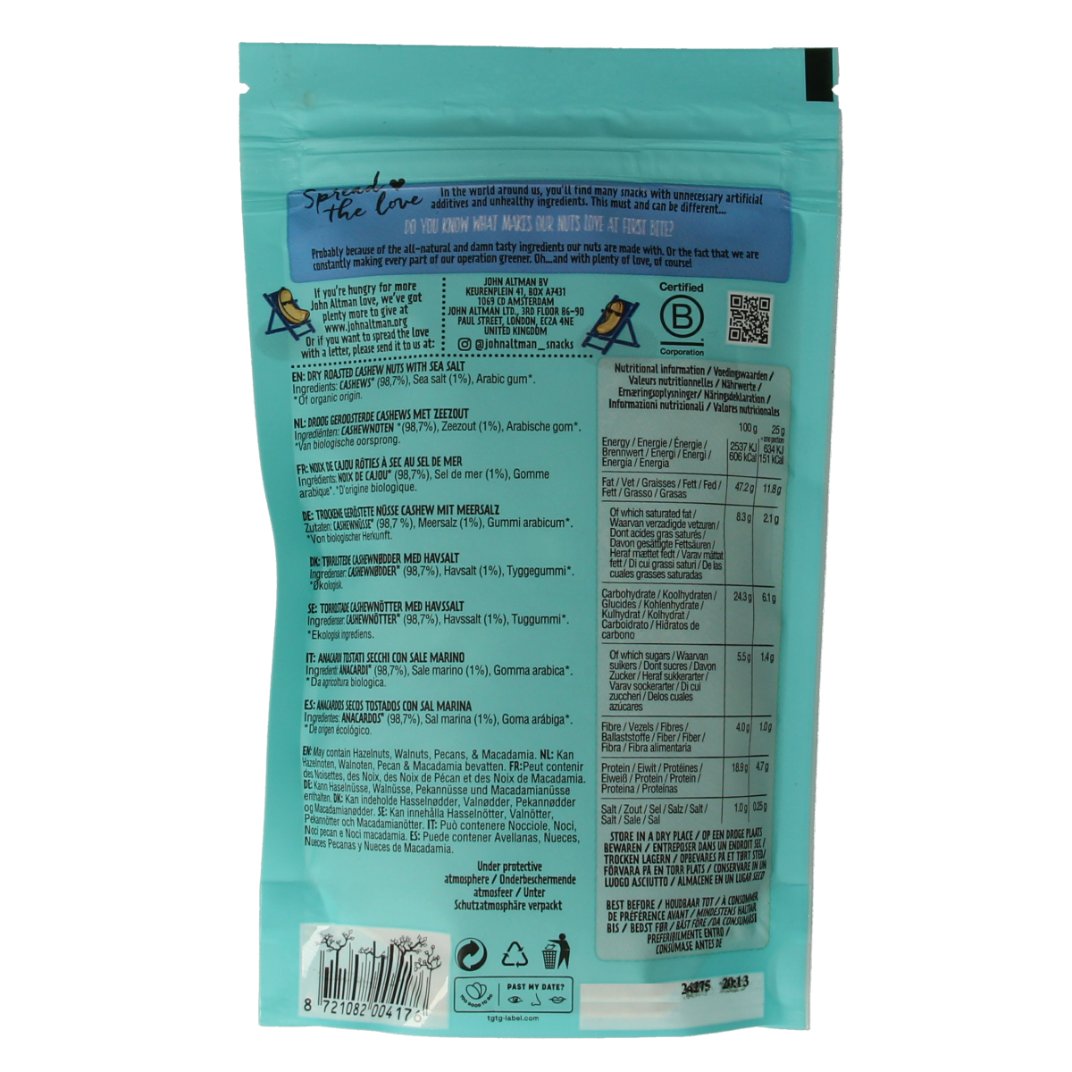 Raw John Altman dry roasted cashew nuts with sea salt in a 100g bio package, showcasing the crunchy, salted cashews.