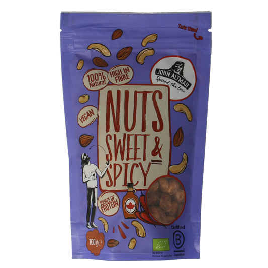 John Altman mixed nuts sweet and spicy bio, raw superfoods in 100g package, showcasing colorful nuts and spices.