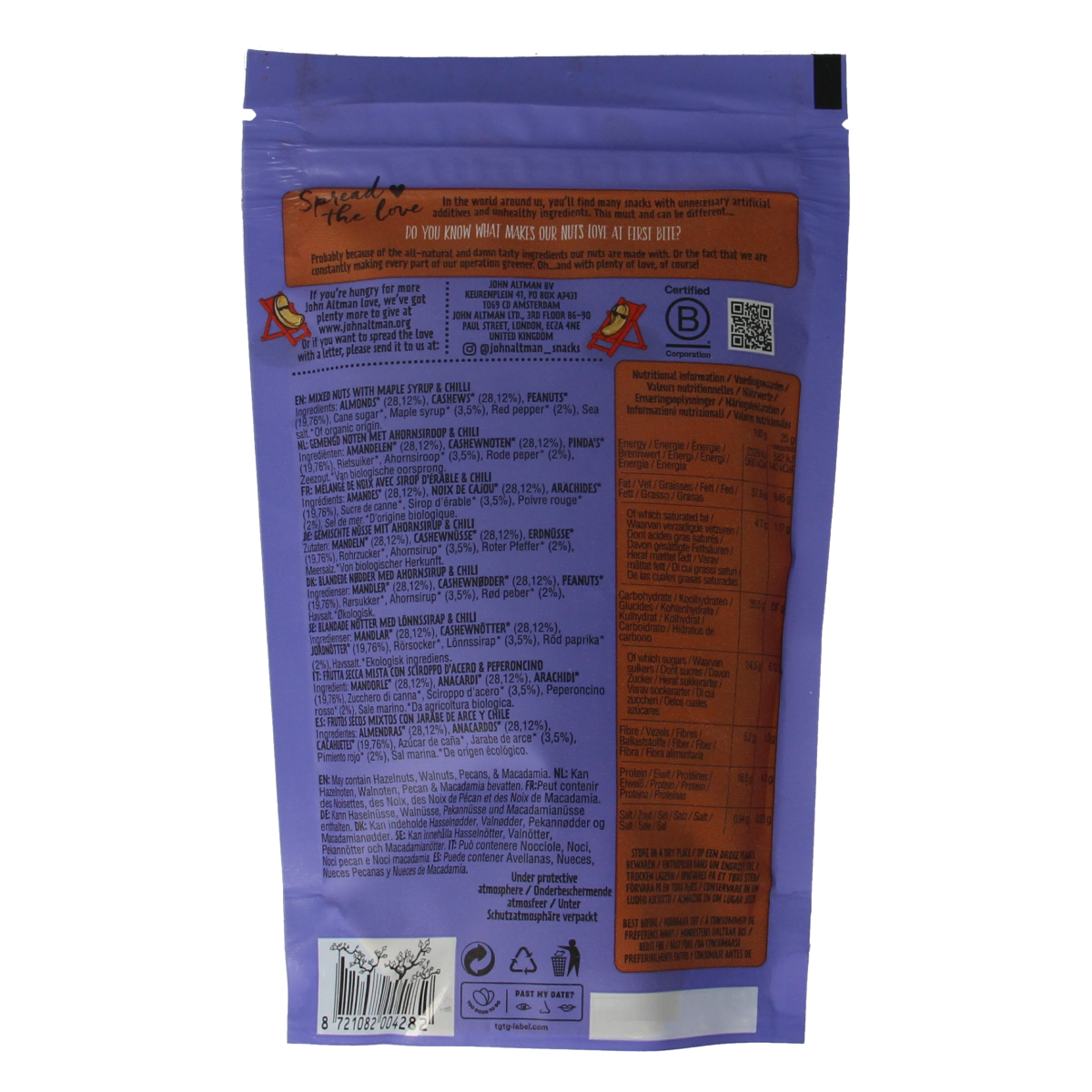 Raw mixed nuts with sweet and spicy flavor from John Altman, organic superfoods in a 100g package.