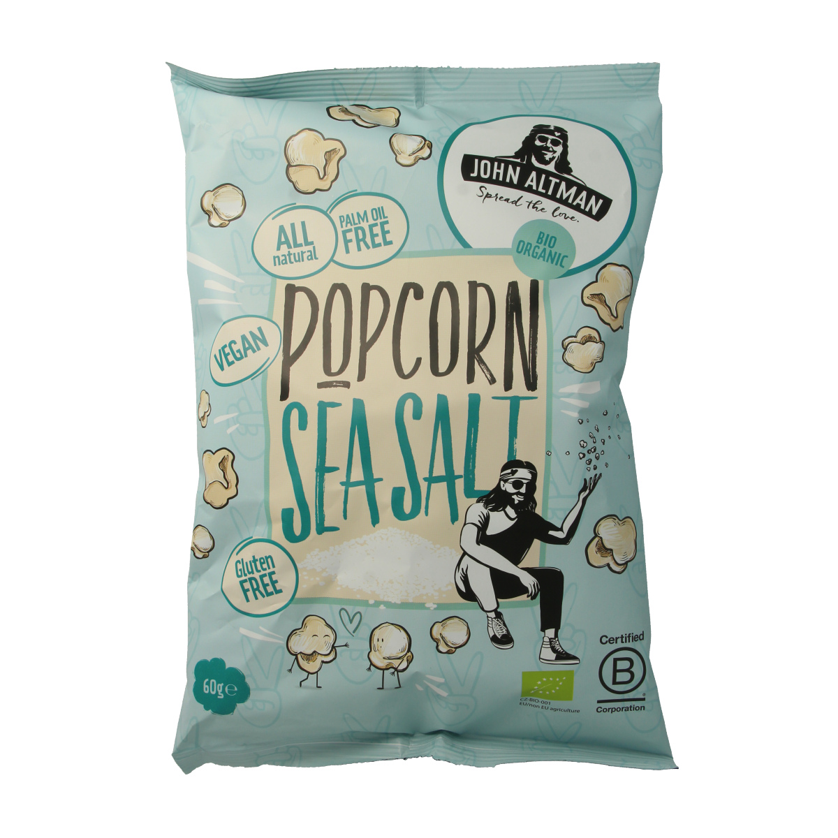 John Altman Popcorn sea salt bio snack in 60g biodegradable bag, natural organic popcorn with sea salt flavor.