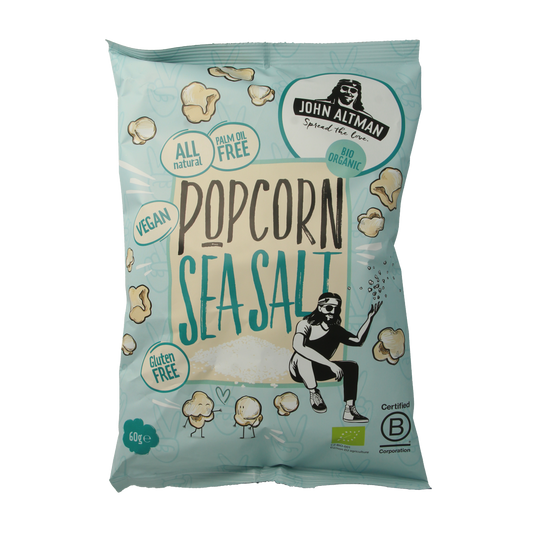 John Altman Popcorn sea salt bio snack in 60g biodegradable bag, natural organic popcorn with sea salt flavor.