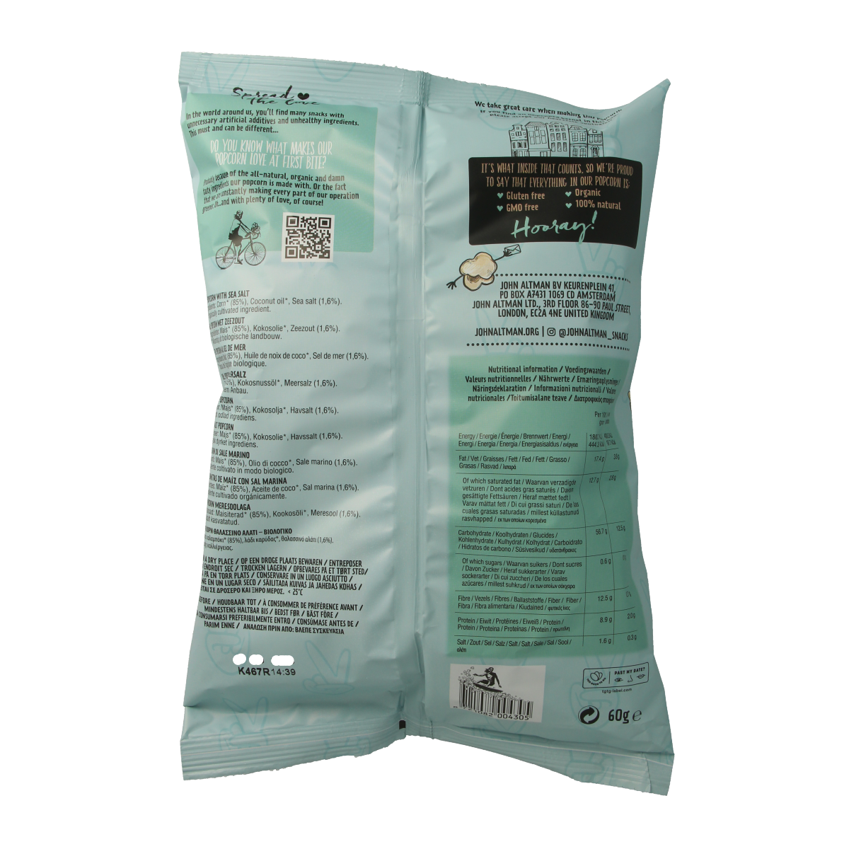 John Altman sea salt popcorn snack in 60g bio package, crispy popcorn with sea salt flavor from John Altman.