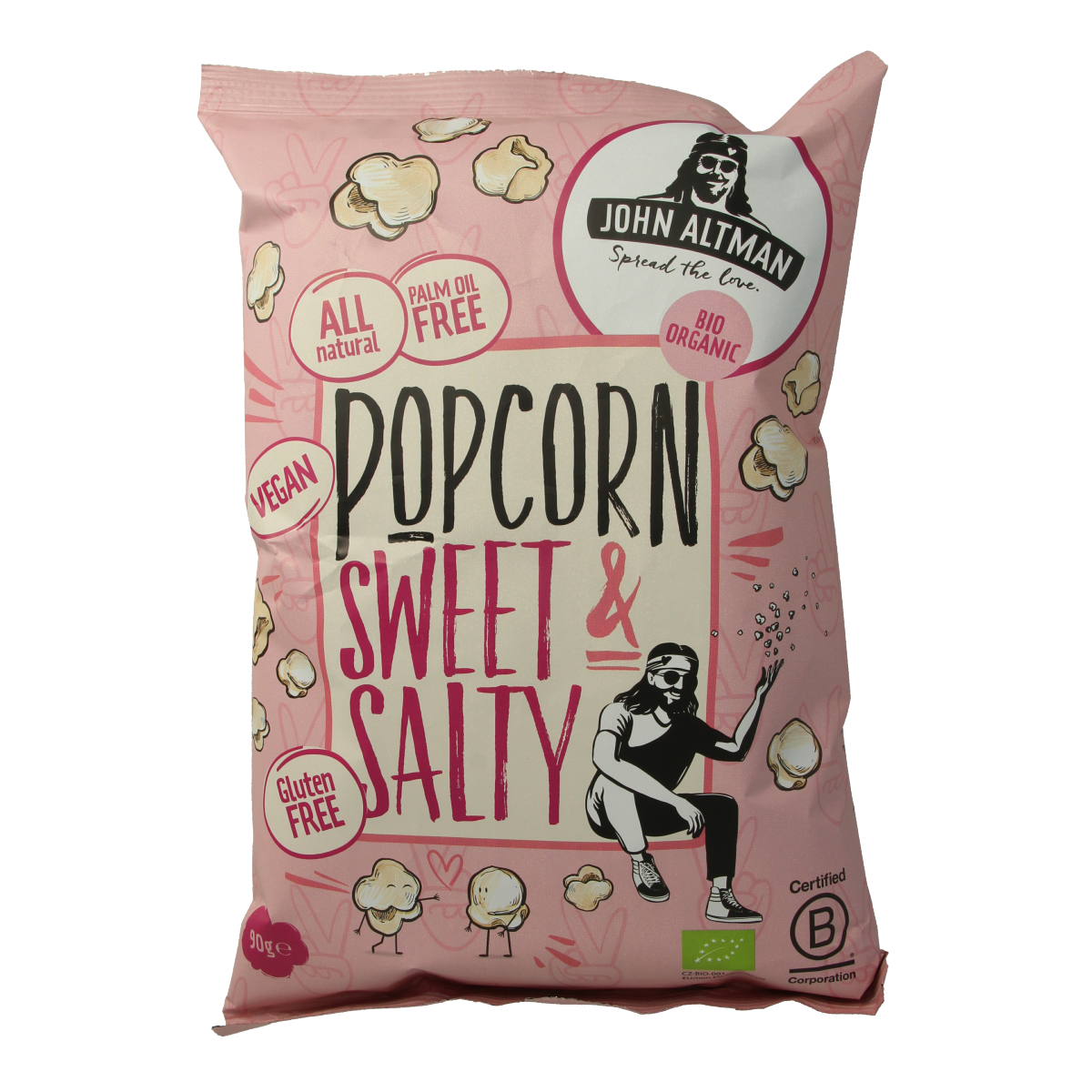 John Altman sweet and salty bio popcorn snack in 90g bag, crunchy and flavorful healthy snack option.