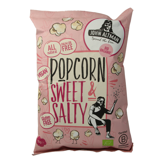 John Altman sweet and salty bio popcorn snack in 90g bag, crunchy and flavorful healthy snack option.
