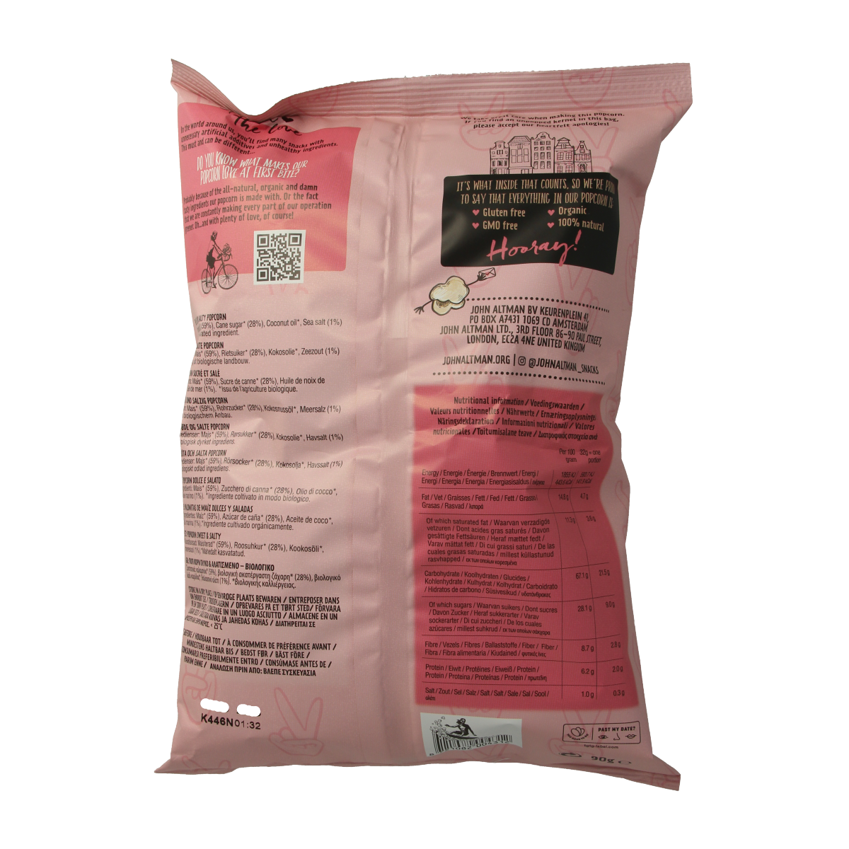 John Altman sweet and salty bio popcorn snack in 90g bag, savory and crunchy snack option.