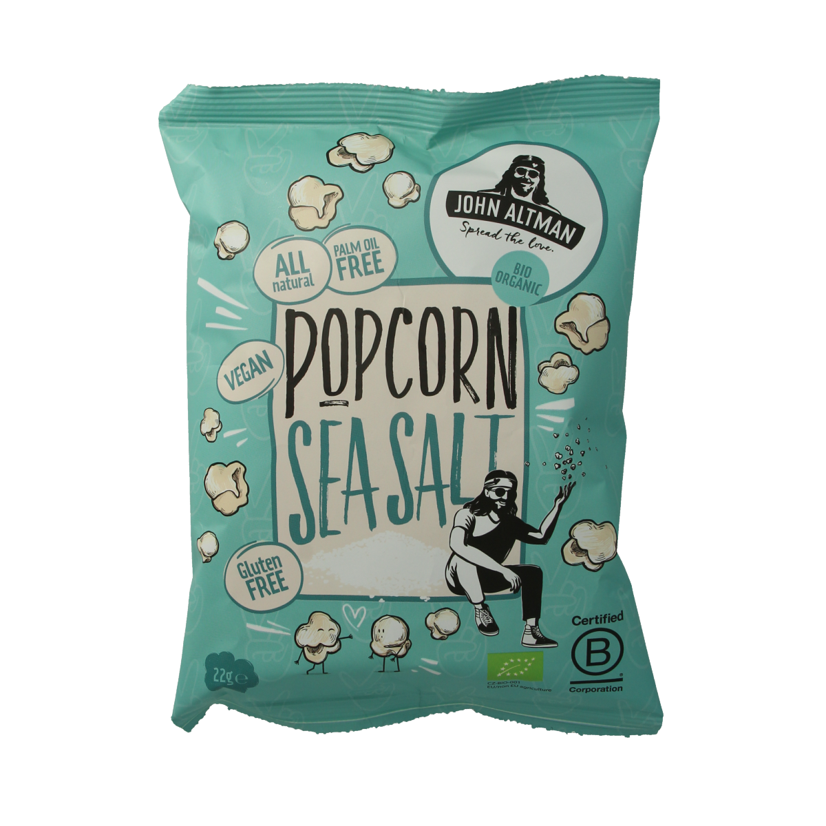 John Altman sea salt popcorn snack in 22g bio packaging, crispy and flavorful, ideal for healthy snacking and on-the-go.