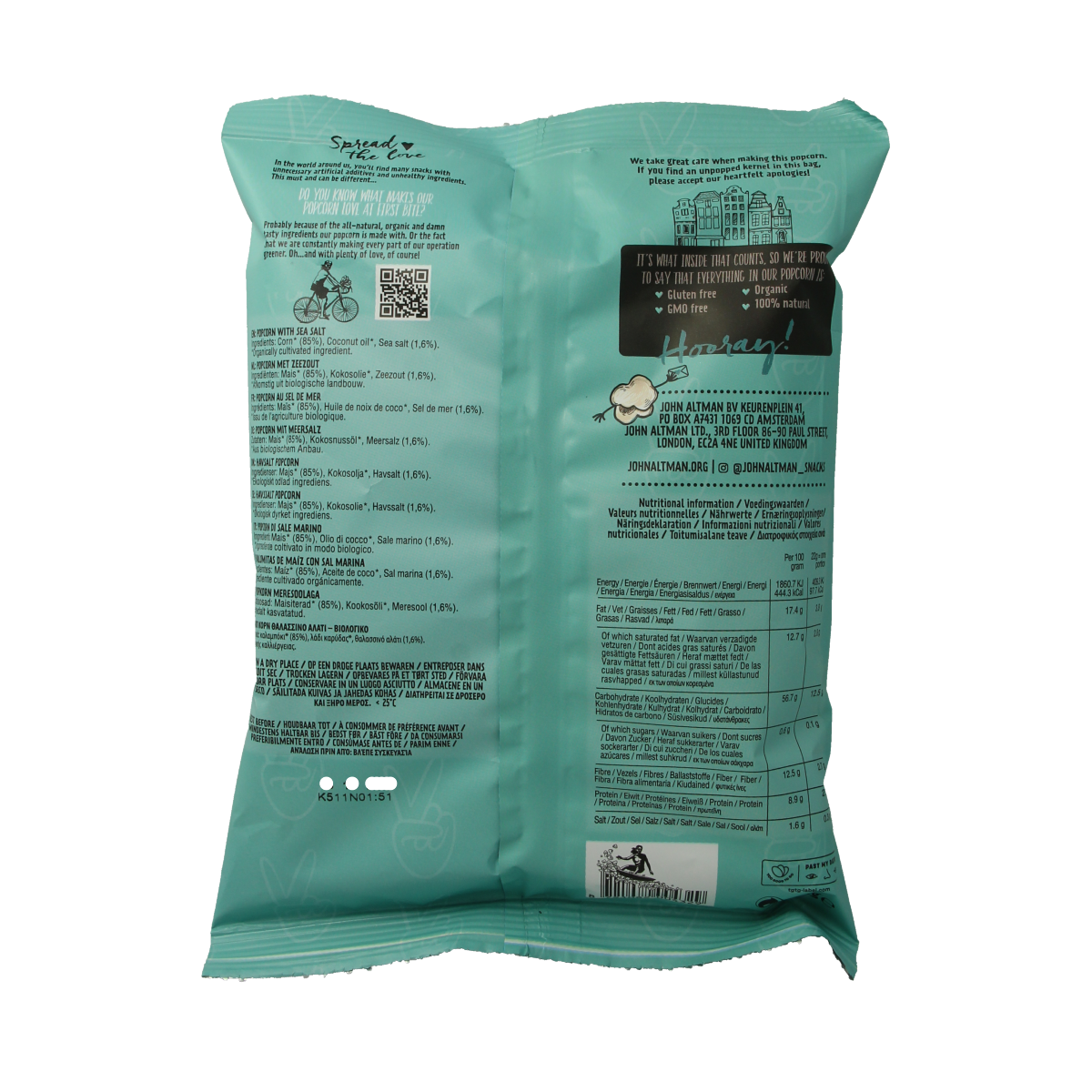 John Altman sea salt popcorn snack in 22g bio package, crispy and flavorful natural popcorn for snacking.