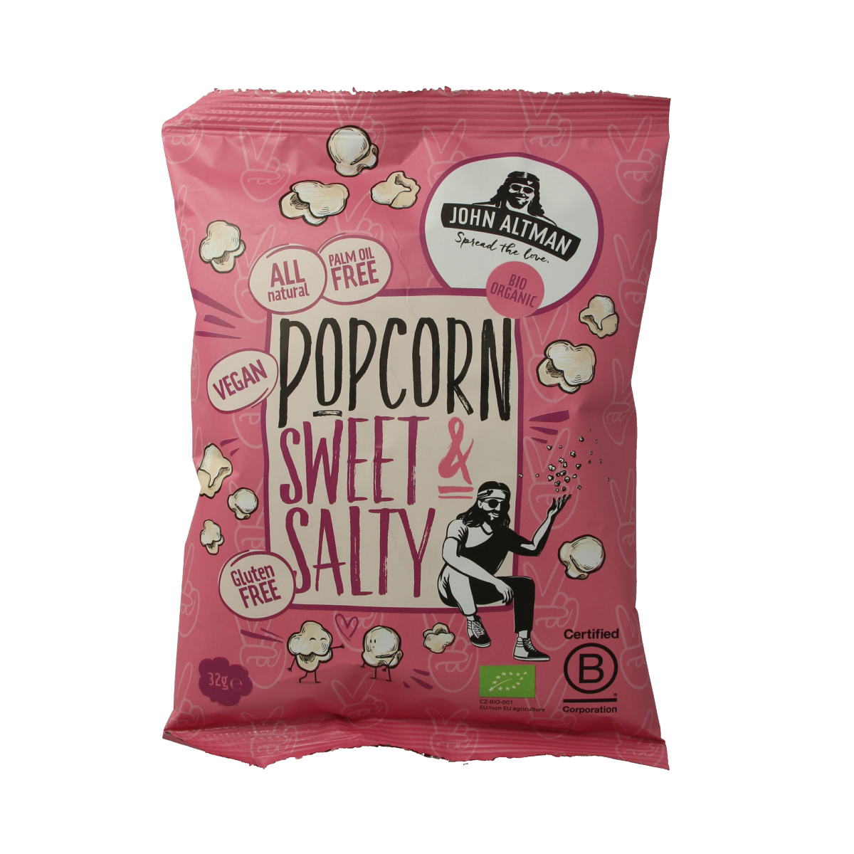 Raw John Altman sweet and salty bio popcorn, 32g, organic superfood snack, shown in a clear package.