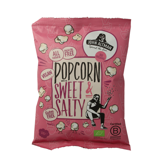 Raw John Altman sweet and salty bio popcorn, 32g, organic superfood snack, shown in a clear package.