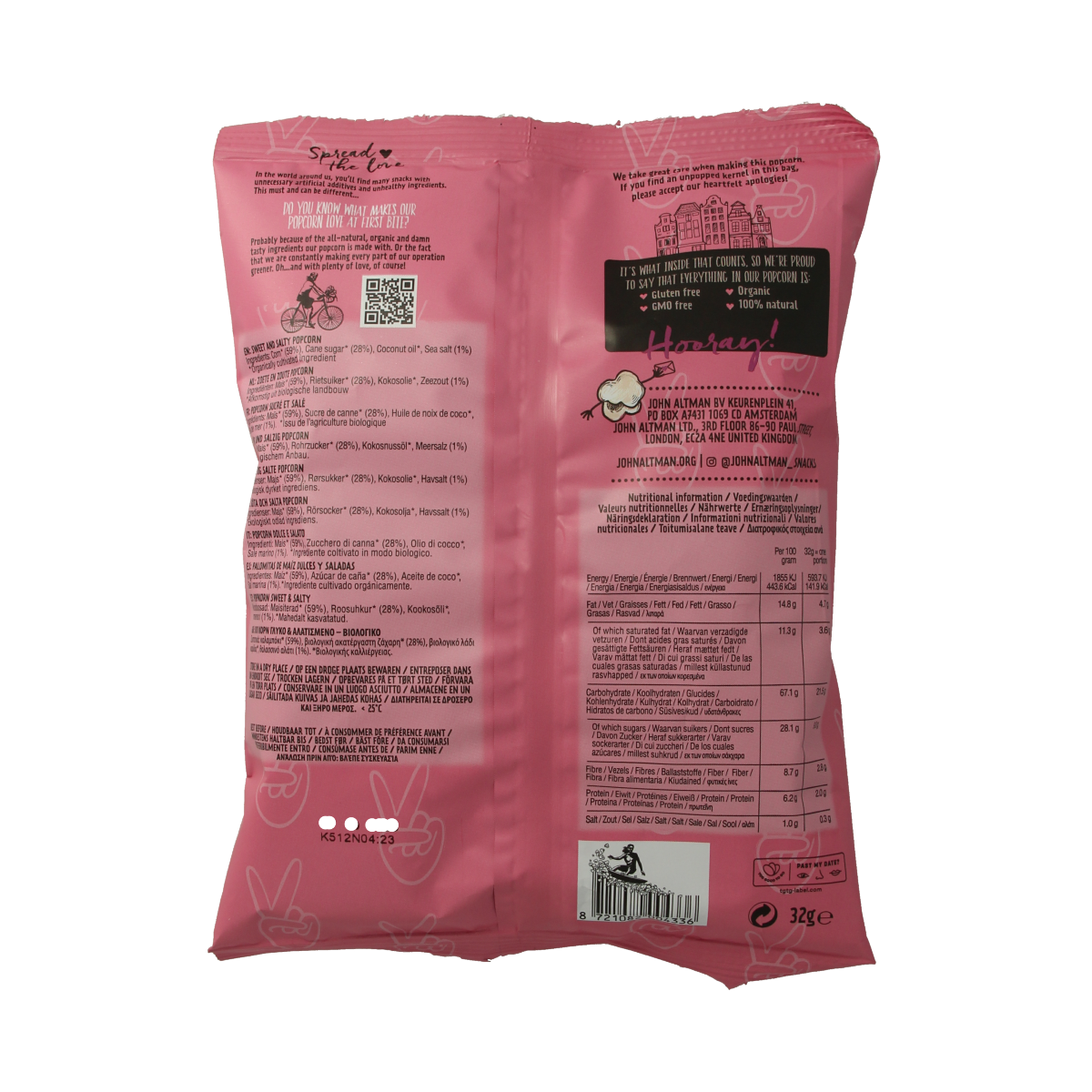 Raw John Altman sweet and salty bio popcorn in a 32g package, natural superfood snack with a mix of sweet and salty flavors.
