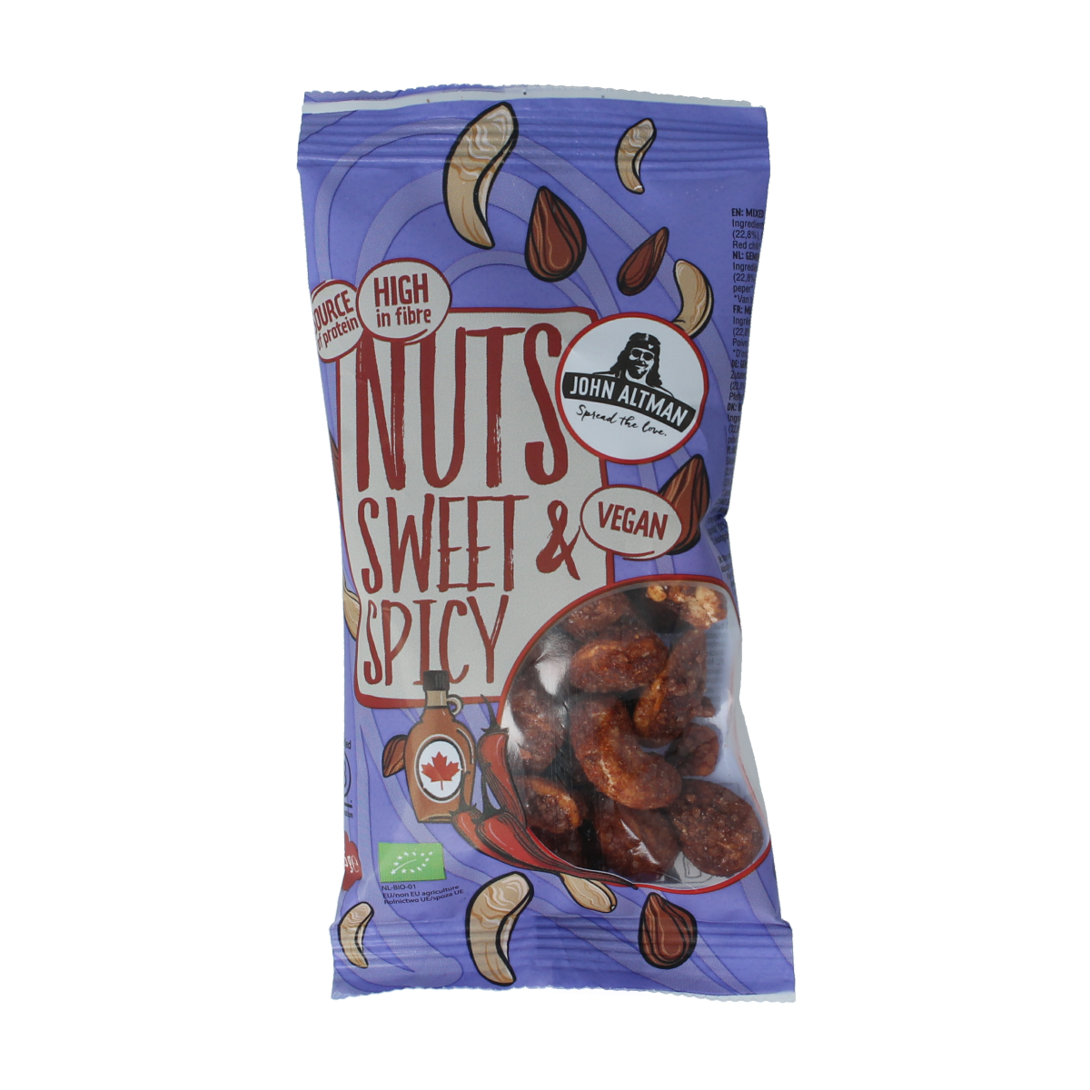Raw John Altman mixed nuts with maple and chili flavor, bio, 45g, showcasing a mix of nuts in a natural, colorful presentation.