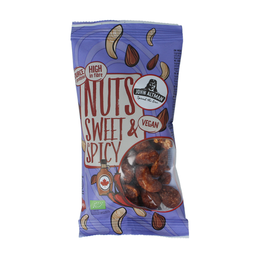 Raw John Altman mixed nuts with maple and chili flavor, bio, 45g, showcasing a mix of nuts in a natural, colorful presentation.
