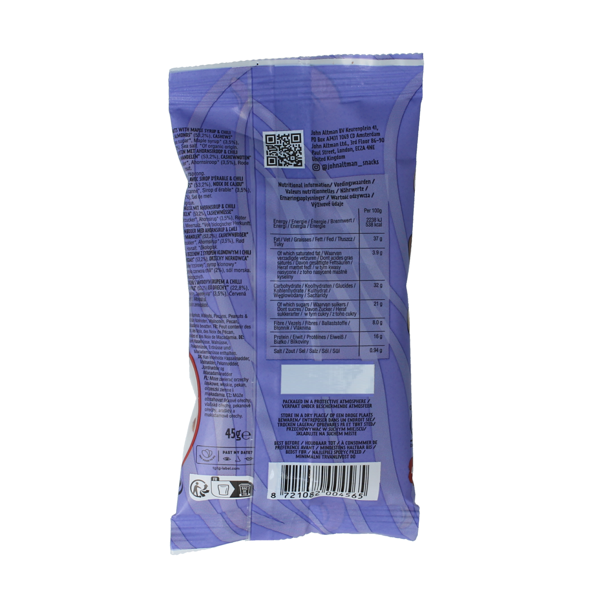 Raw John Altman mixed nuts with maple and chili, bio, 45g, healthy superfoods snack with colorful nuts and seasoning.